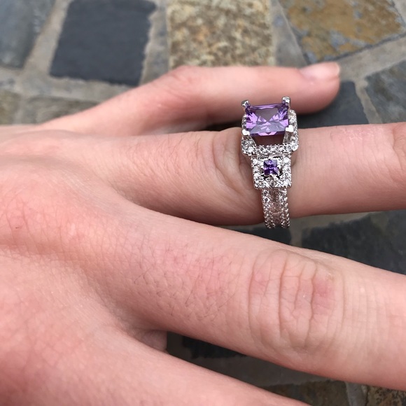 Purple Princess Cut Halo Silver Engagement Ring - Picture 4 of 6